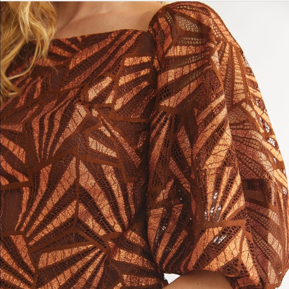 NWT Eva Franco Anthropologie Shine Bronze Lace Puff Sleeve Square Neck Blouse XL - Picture 6 of 13